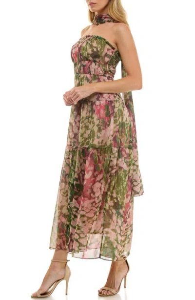 Socialite Metallic Floral Strapless Dress & Scarf Set In Multi