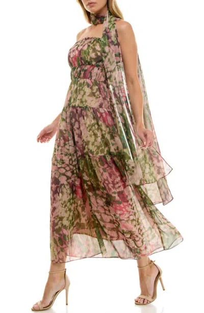Socialite Metallic Floral Strapless Dress & Scarf Set In Multi