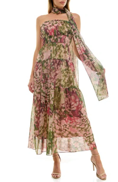 Socialite Metallic Floral Strapless Dress & Scarf Set In Multi
