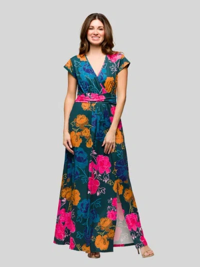 24seven Comfort Apparel Maternity Floral Print Cap Sleeve V-neck Side Slit Pocket Maxi Dress In Multi