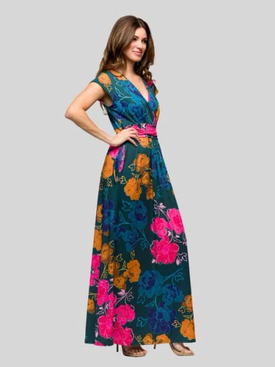 24seven Comfort Apparel Maternity Floral Print Cap Sleeve V-neck Side Slit Pocket Maxi Dress In Multi