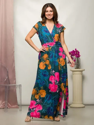 24seven Comfort Apparel Maternity Floral Print Cap Sleeve V-neck Side Slit Pocket Maxi Dress In Multi