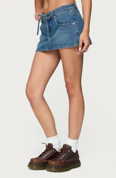 Edikted Ziggie Tie Front Denim Miniskirt In Blue
