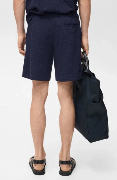 Mango Drawstring Seersucker Shorts In Blue
