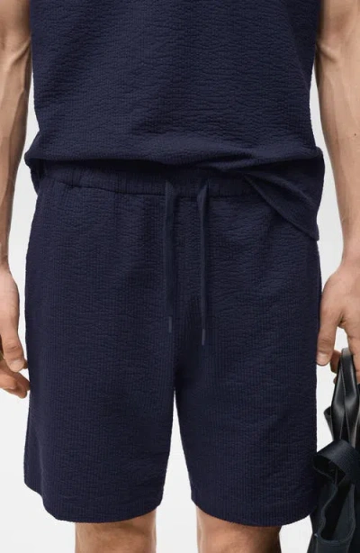 Mango Drawstring Seersucker Shorts In Blue