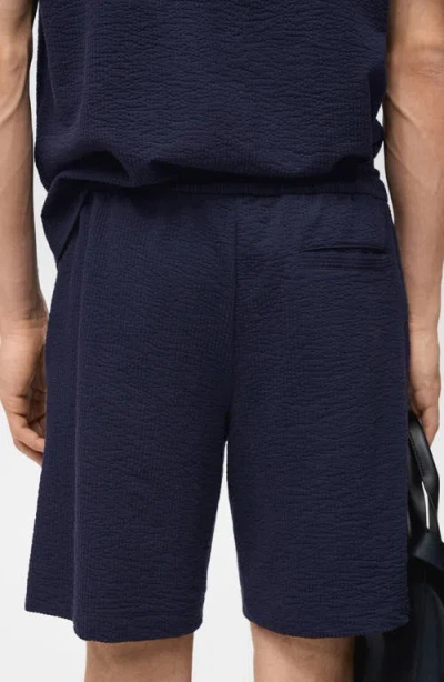Mango Drawstring Seersucker Shorts In Blue