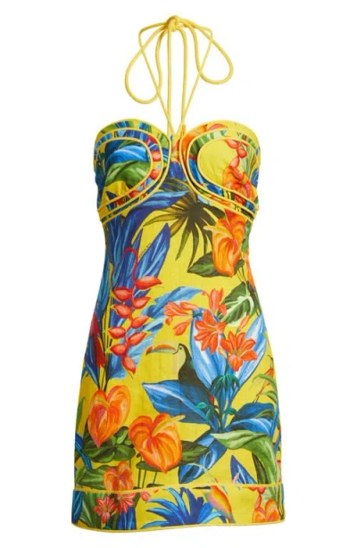 Farm Rio Bright Nature Linen Halter Minidress In Multi