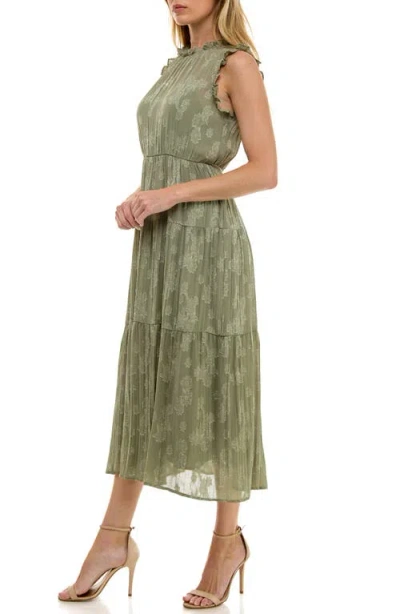 Socialite Floral Jacquard Tiered Sleeveless Dress In Green