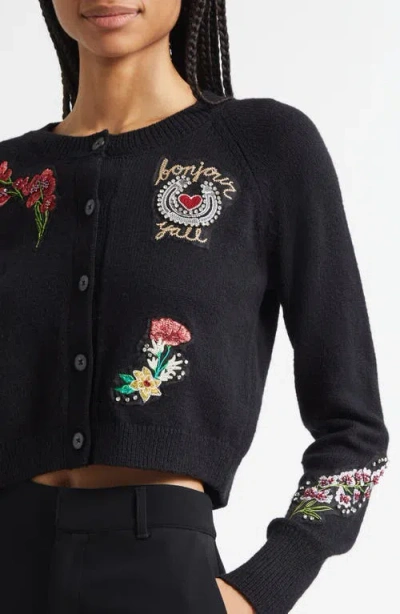 Cinq À Sept Millie Western Amour Beaded Embroidery Cotton Blend Cardigan In Black
