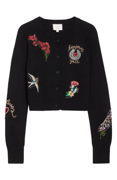 Cinq À Sept Millie Western Amour Beaded Embroidery Cotton Blend Cardigan In Black