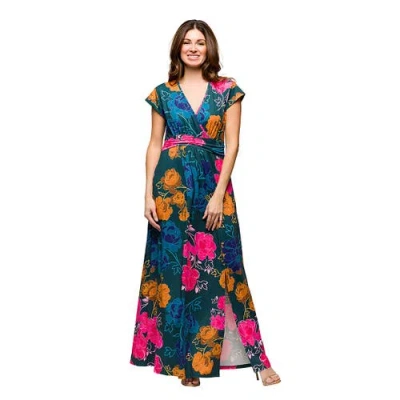 24seven Comfort Apparel Maternity Floral Print Cap Sleeve V-neck Side Slit Pocket Maxi Dress In Multi