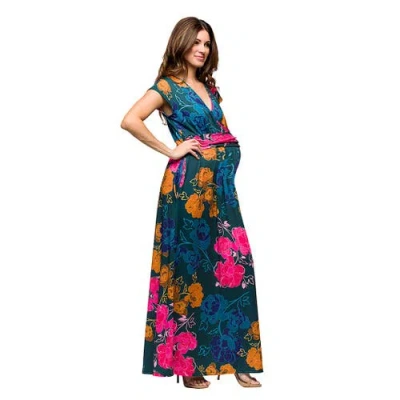 24seven Comfort Apparel Maternity Floral Print Cap Sleeve V-neck Side Slit Pocket Maxi Dress In Multi