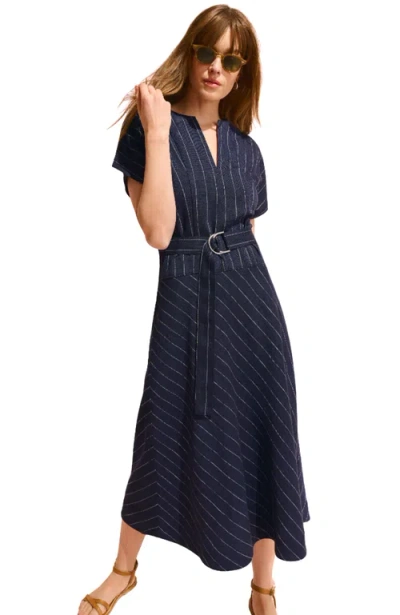 M.m.lafleur The Cereah Belt Dress - Striped Porto Weave In Blue