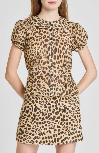 Wayf Kit Puff Sleeve Semisheer Cotton Peplum Top In Brown