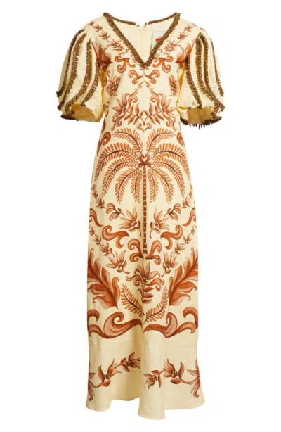 Farm Rio Milani Bead Trim Mixed Print Linen Maxi Dress