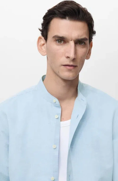 Mango Band Collar Linen & Cotton Button-up Shirt In Blue