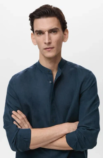 Mango Band Collar Linen Blend Button-up Shirt