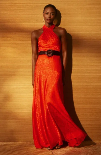 Ralph Lauren Women's Belted Floral Jacquard Halter Gown In Red