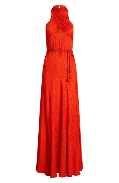 Ralph Lauren Women's Belted Floral Jacquard Halter Gown In Red