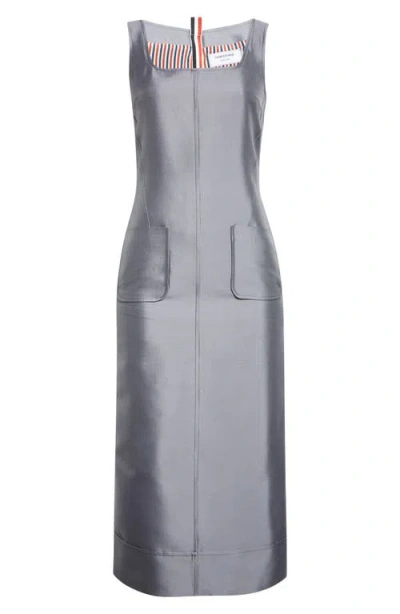 Thom Browne Calf Length Square Neck Column Dress In Wool Silk In Gray