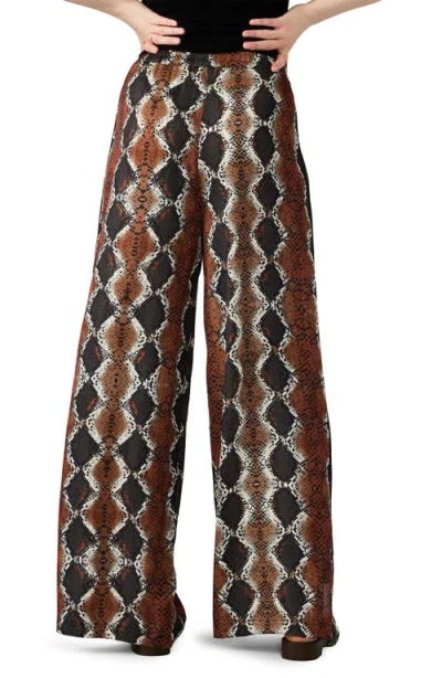 Steve Madden Moxie Snakeskin Print Side Stripe Wide Leg Pants In Brown