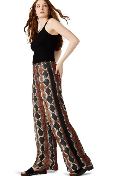 Steve Madden Moxie Snakeskin Print Side Stripe Wide Leg Pants In Brown