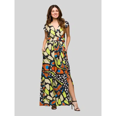 24seven Comfort Apparel Maternity Butterfly Print Cap Sleeve V-neck Side Slit Pocket Maxi Dress In Multi