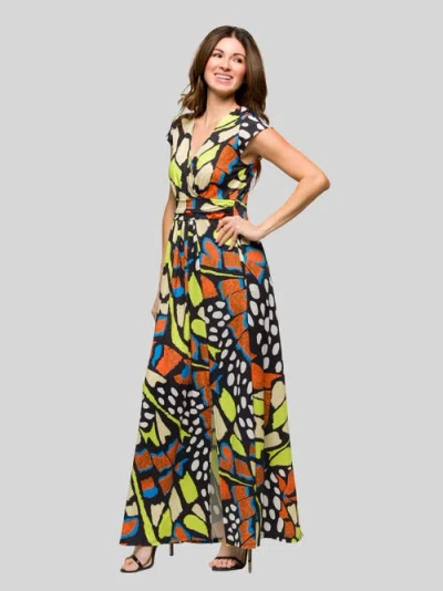 24seven Comfort Apparel Maternity Butterfly Print Cap Sleeve V-neck Side Slit Pocket Maxi Dress In Multi