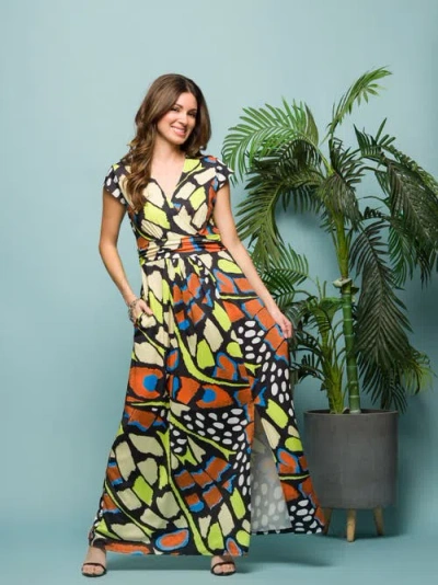 24seven Comfort Apparel Maternity Butterfly Print Cap Sleeve V-neck Side Slit Pocket Maxi Dress In Multi