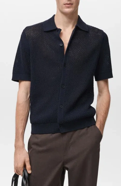 Mango Openwork Short Sleeve Cotton Button-up Shirt In Blue