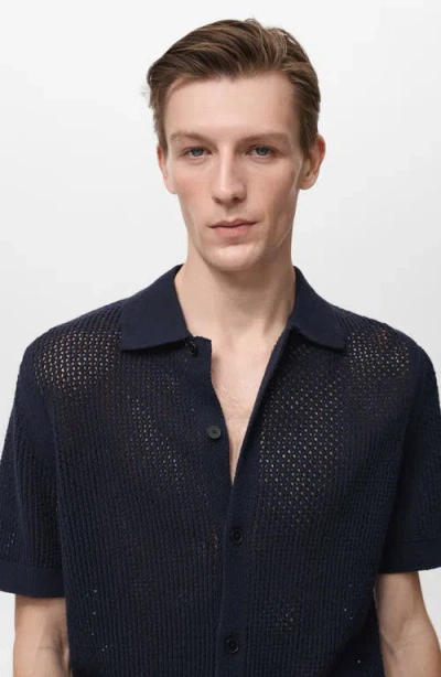Mango Openwork Short Sleeve Cotton Button-up Shirt In Blue