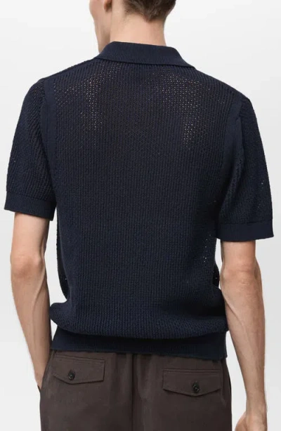 Mango Openwork Short Sleeve Cotton Button-up Shirt In Blue