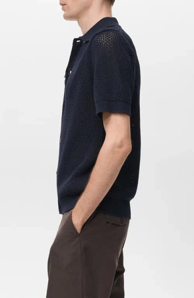 Mango Openwork Short Sleeve Cotton Button-up Shirt In Blue