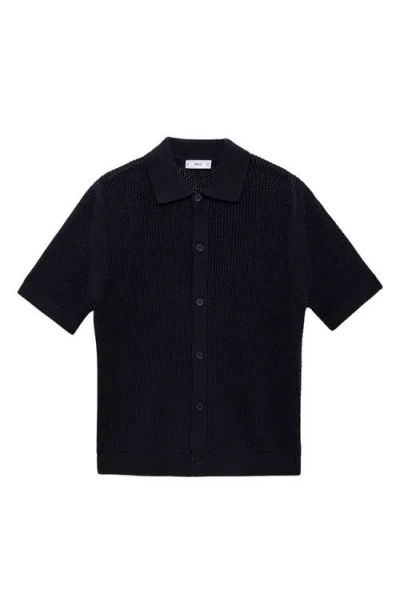 Mango Openwork Short Sleeve Cotton Button-up Shirt In Blue