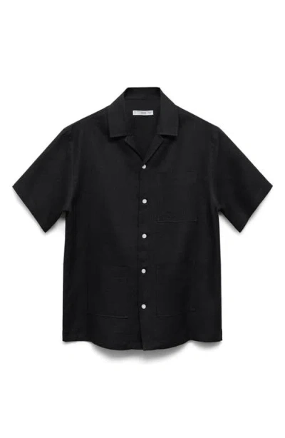 Mango Short Sleeve Linen Button-up Shirt In Black