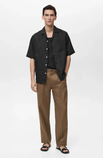 Mango Short Sleeve Linen Button-up Shirt In Black