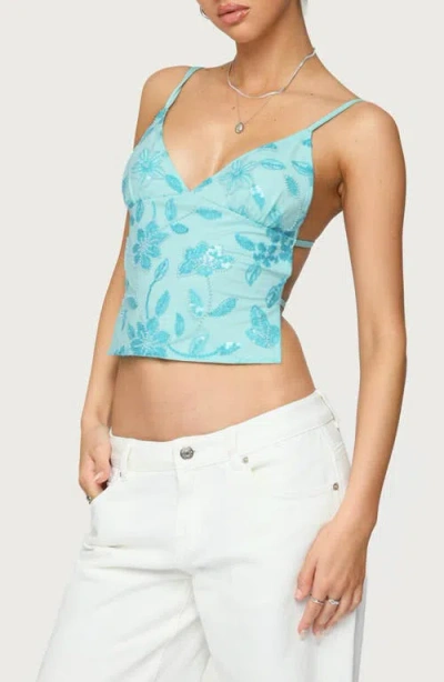 Edikted Pia Sequin Flower Open Back Camisole In Blue