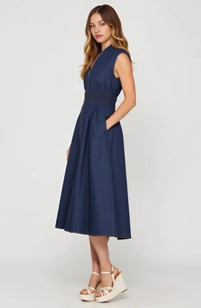 Modenaire Zip Front Sleeveless Denim Midi Dress