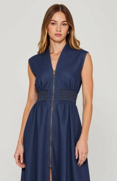 Modenaire Zip Front Sleeveless Denim Midi Dress