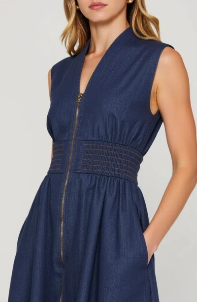 Modenaire Zip Front Sleeveless Denim Midi Dress