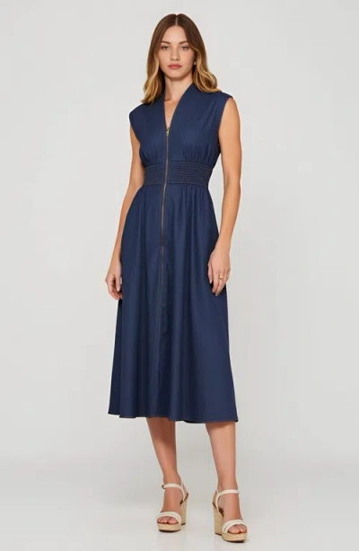 Modenaire Zip Front Sleeveless Denim Midi Dress