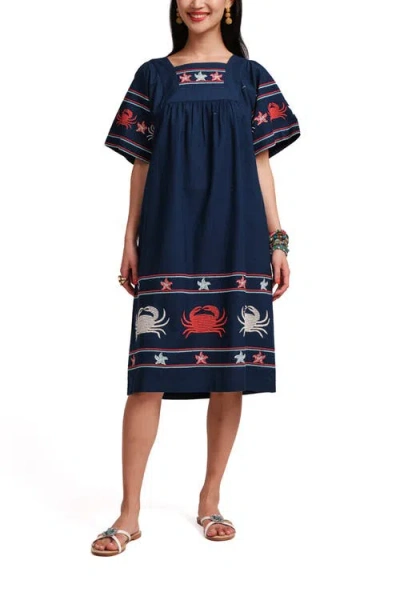 Frances Valentine Picnic Crab Embroidery Dress In Blue