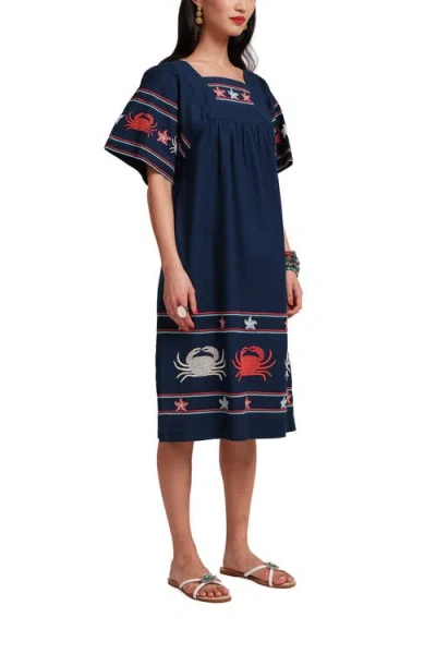 Frances Valentine Picnic Crab Embroidery Dress In Blue