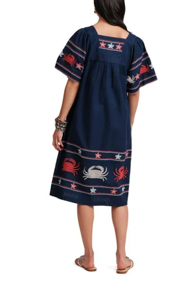 Frances Valentine Picnic Crab Embroidery Dress In Blue