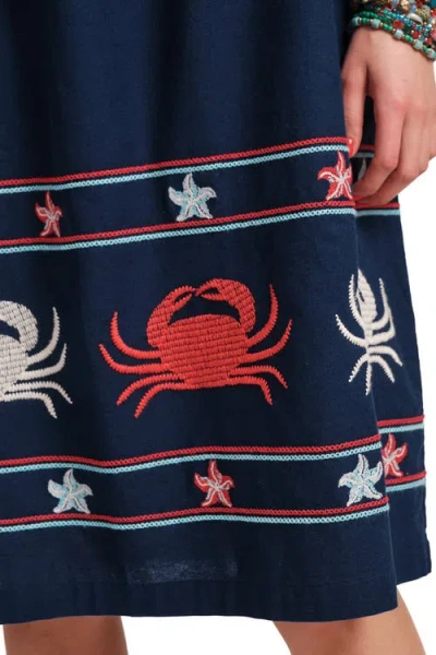 Frances Valentine Picnic Crab Embroidery Dress In Blue