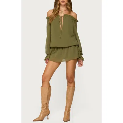 Edikted Delphine Off Shoulder Chiffon Romper In Olive, Women's At Urban Outfitters In Green