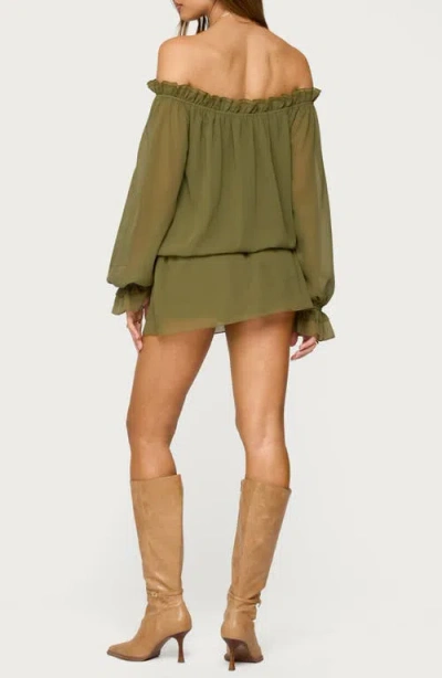 Edikted Delphine Off Shoulder Chiffon Romper In Olive, Women's At Urban Outfitters In Green