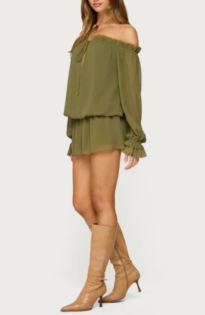 Edikted Delphine Off Shoulder Chiffon Romper In Olive, Women's At Urban Outfitters In Green