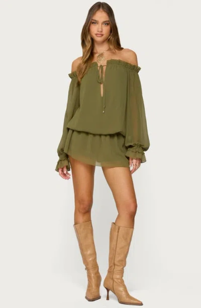 Edikted Delphine Off Shoulder Chiffon Romper In Olive, Women's At Urban Outfitters In Green