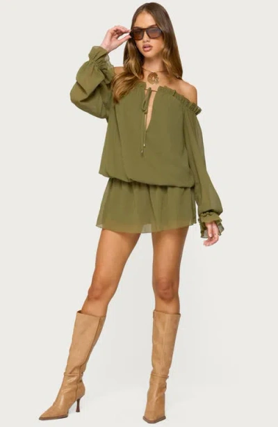 Edikted Delphine Off Shoulder Chiffon Romper In Olive, Women's At Urban Outfitters In Green